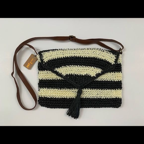 Striped Black/White Boho Straw Crossbody Bag - Picture 1 of 9